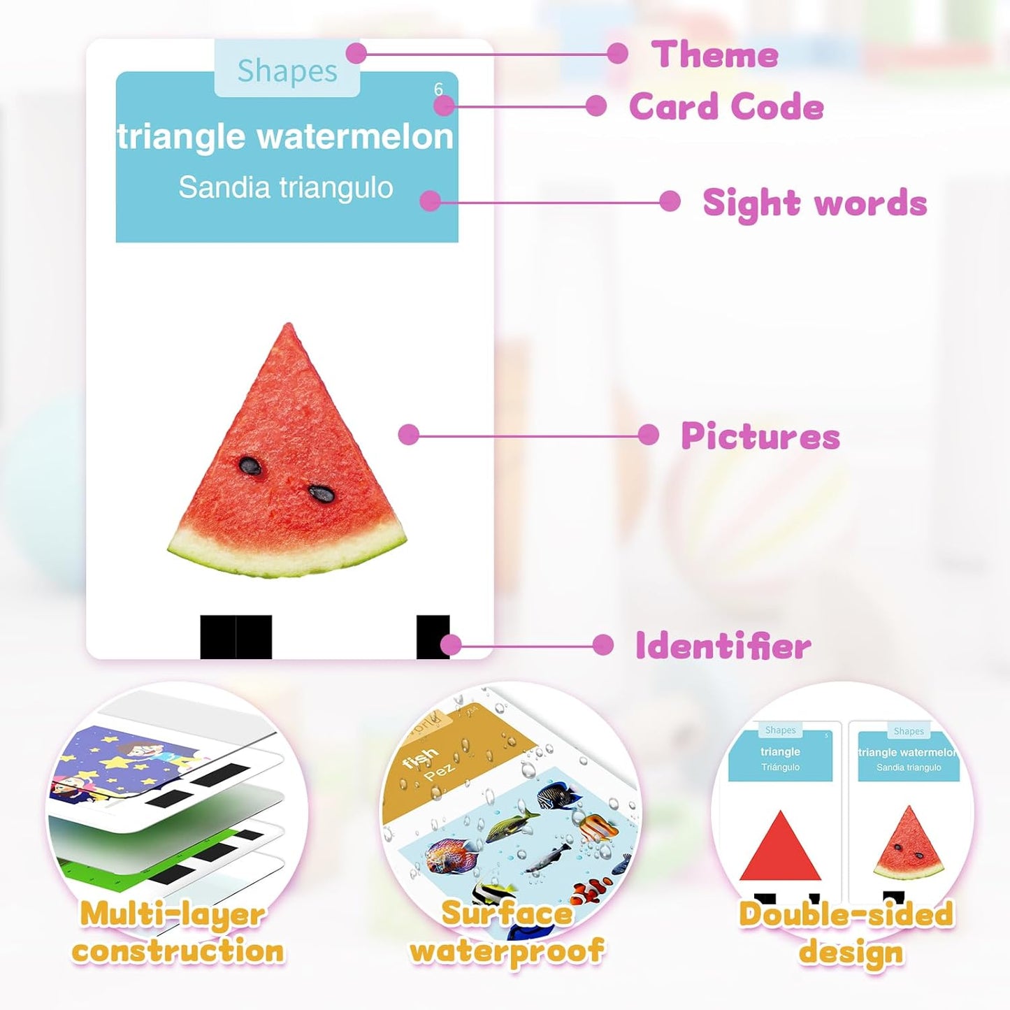 Toddlers Bilingual Spanish & English Talking Flash Cards with 288 Sight Words, Speech Therapy Toys for 1 2 3 4 5 6 Years Old Boys and Girls, Learning Educational Kids Gifts (Pink)