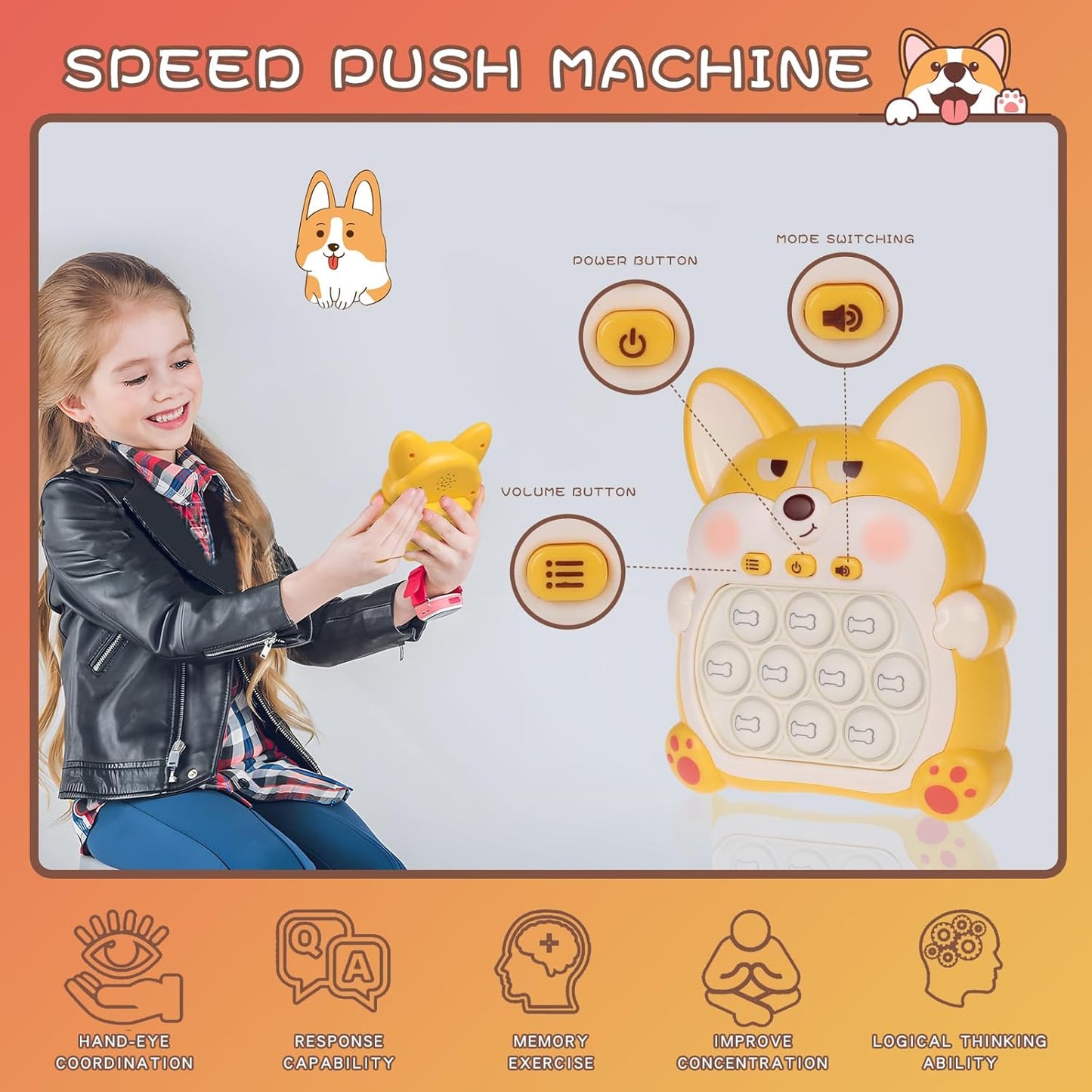 Fast Push Game Pop Fidget Toys for Kids, Fast Push Bubble Game, Quick Push Pop Game for Boys & Girls Age 3-12, Handheld Puzzle Game Sensory Toys Relaxation and Decompression (Yellow Corgi)