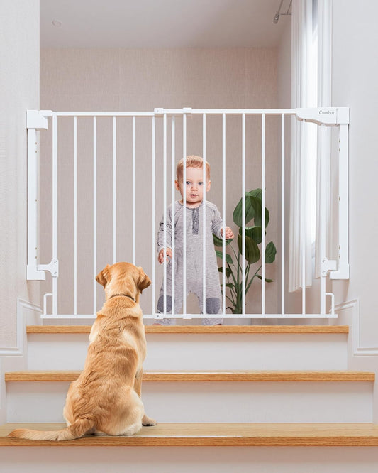 Cumbor 29.2-43" No Bottom Bar Baby Gate for Stairs, 2-in-1 Auto Close Dog Gate Indoor, Hardware Mounted Pet Gate for Doorways with Large Walk Thru Door, Child-Proof Safety Gate for Kids (White)