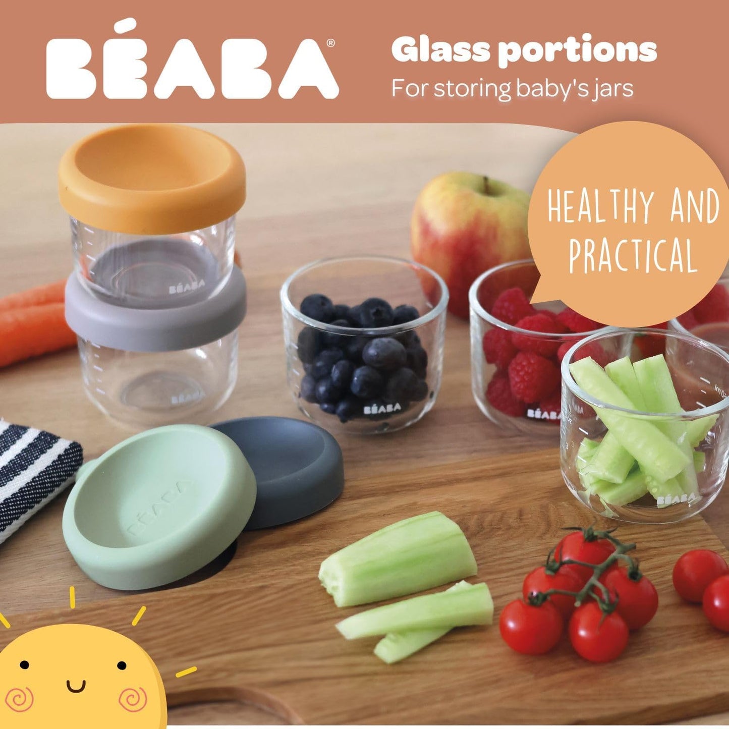 Beaba 2 Pack Glass Baby Food Jars, Freezer, Sterilizer, and Dishwasher Safe, 5 oz Baby Food Storage Jars with Silicone Air Tight Lid, Mineral/Sage