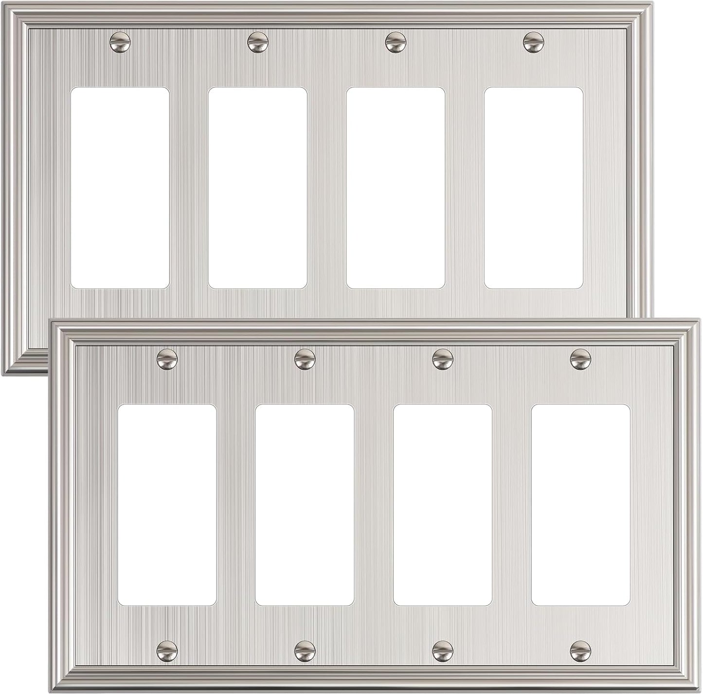 2-Pack Quad Decorator Outlet Cover Plate, Zinc Alloy Brushed Nickel Switch Plates and Outlet Covers, 4 Gang Wall Plates for Electrical Outlets, Receptacle, GFCI Outlet, Dimmer Switch