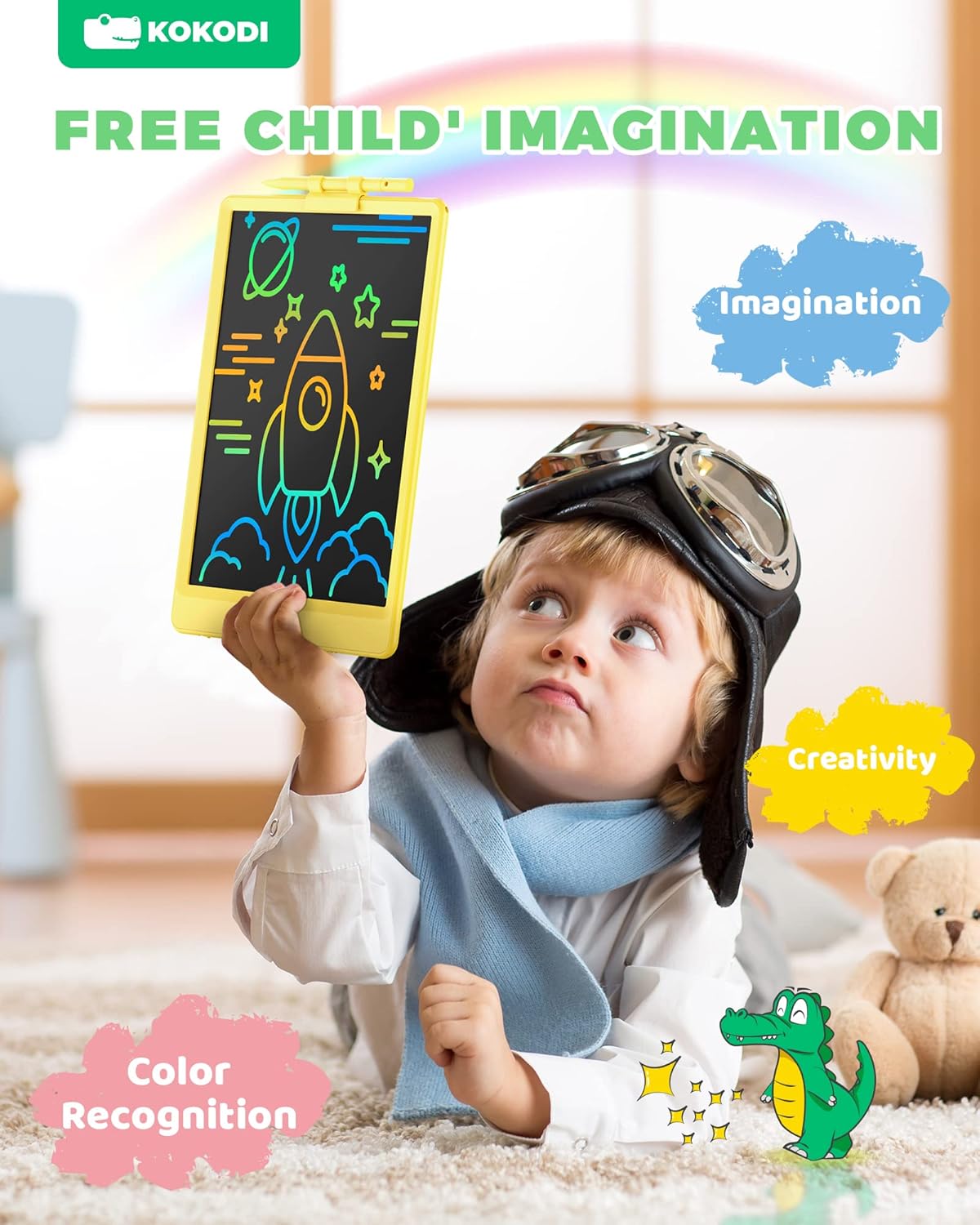 KOKODI LCD Writing Tablet, 10 Inch Colorful Toddler Doodle Board Drawing Tablet, Erasable Reusable Electronic Drawing Pads, Educational and Learning Toy for 3-6 Years Old Boy and Girls