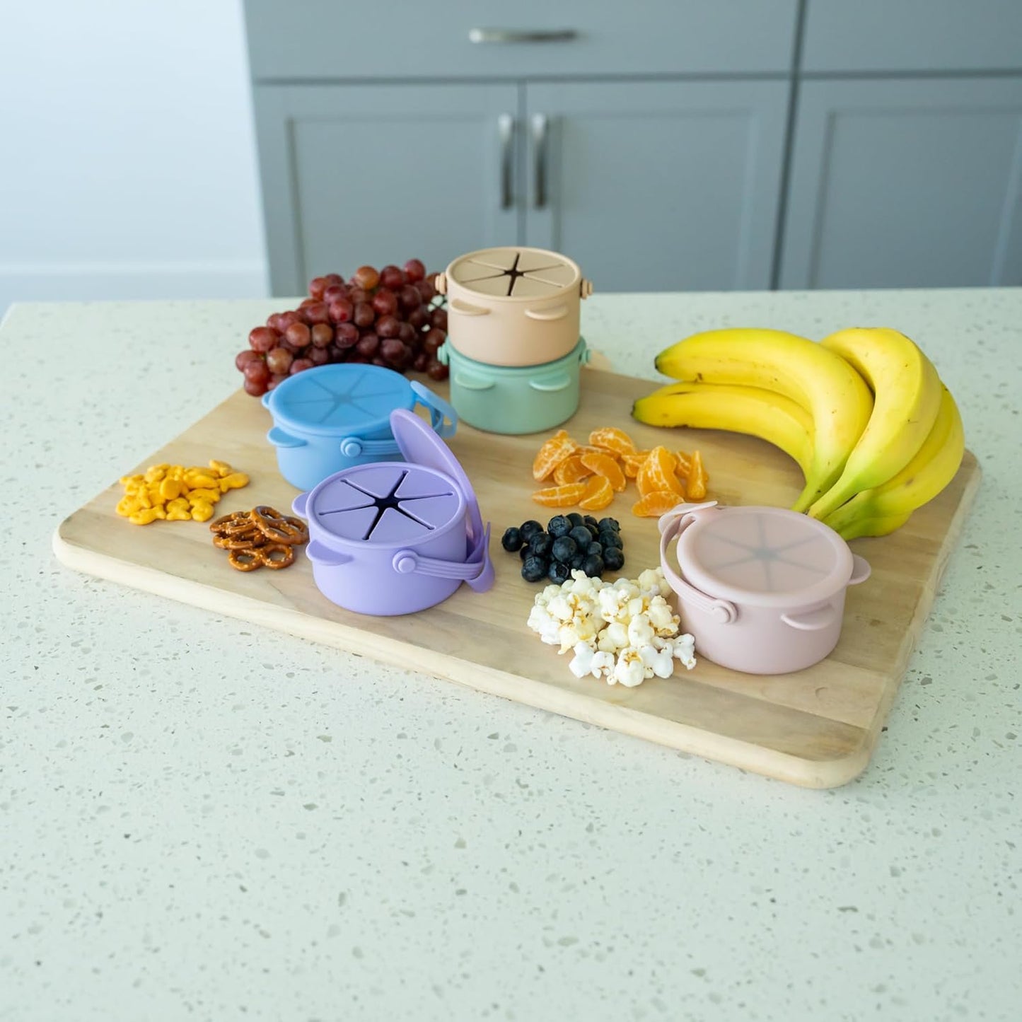 Silicone No Spill Snack Cups for Toddlers – Portable Baby Snack Cup Containers with Dustproof Lid – Dishwasher-Friendly Toddler Spill Proof Cups Without BPA, Lead, or Phthalates – Blue and Beige