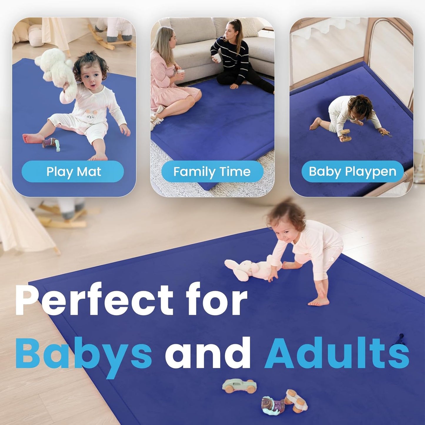 Baby Play Mat for Kids Room,Extra Thick Elasti-Foam Anti-Fall Cushion Mat for Babies,Toddlers,Infants,Water-Repellent&Non-Slip Bedroom Bedside Rugs(Royal Blue)
