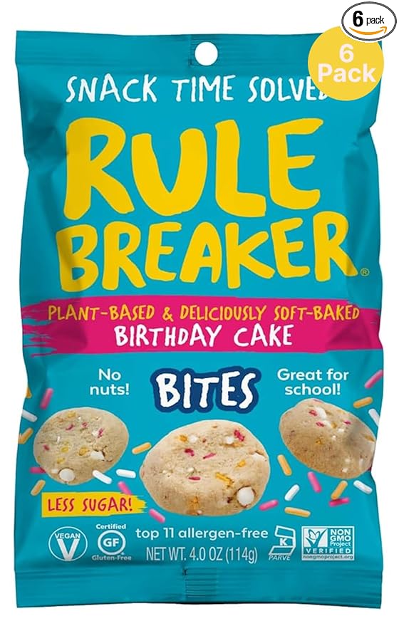 Rule Breaker Vegan & Gluten-Free Cookies | Birthday Cake Bites | Plant-Based, Dairy, Nut, Soy, Allergen Free, Kosher | Soft-Baked School Snacks for Kids and Adults (Pack of 6)
