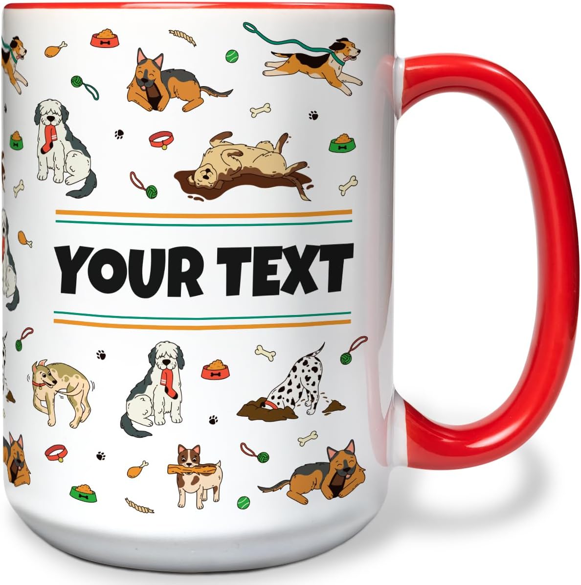 Personalized Mug for Kids - Dogs - Custom Name/Text, Ceramic Hot Chocolate/Cocoa/Coffee Cup for Boys/Girls, Birthday/Christmas/Holiday Gift - 15 oz, Red Handle