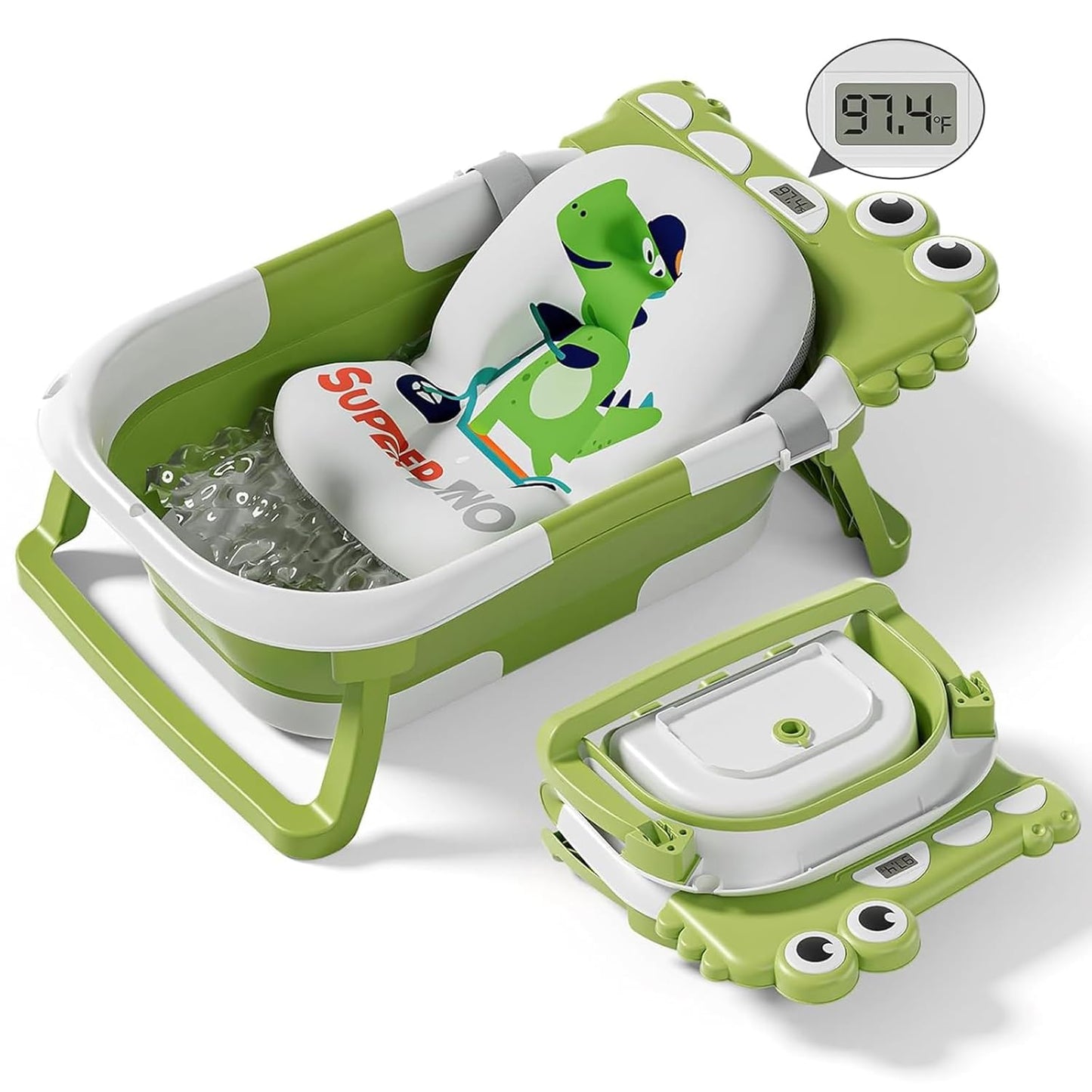 Collapsible Baby Bathtub for Newborn, Foldable Baby Bath Tub with Thermometer & Soft Floating Cushion & Drain Hole, Portable Travel Infant Bath Tubs for Newborns to Toddler 0-36 Months Girl, Green