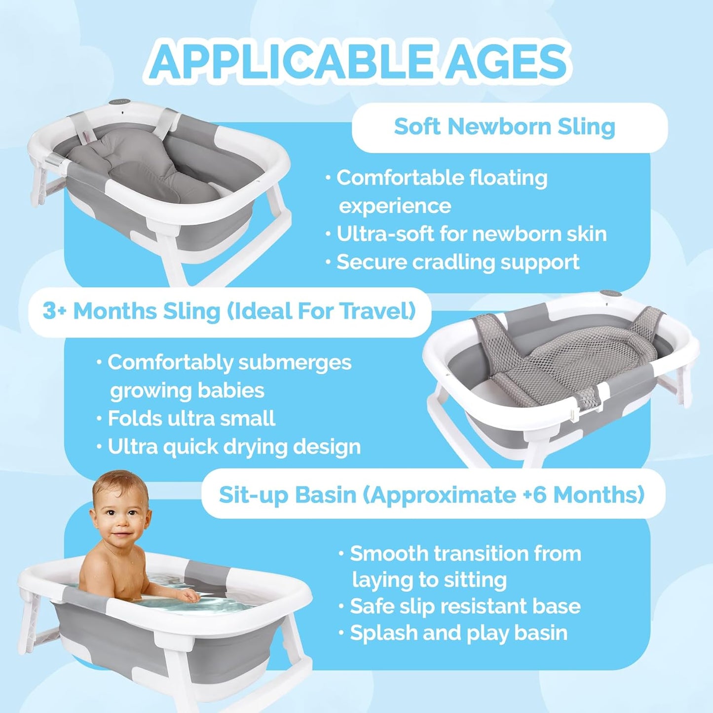 BEBELEH™ Collapsible Baby Bathtub with Thermometer – Bathtub + Baby tub Sling + Newborn Sling – Baby Bathtub Newborn to Toddler 0-24 Months – The Ultimate Baby Bath Tub! (with Thermometer,Gray)