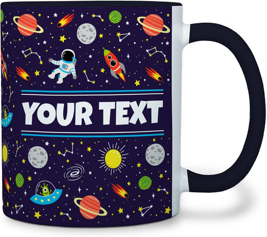 Personalized Mug for Kids - Outer Space - Custom Name/Text, Ceramic Hot Chocolate/Cocoa/Coffee Cup for Boys/Girls, Birthday/Christmas/Holiday Gift - 11 oz, Black Handle