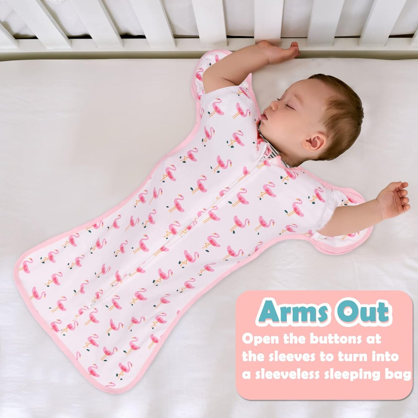2 Pack Transition Swaddle with 2 Way Zipper, 2 in 1 Arms in/Out Transitional Arms Up Swaddle, 100% Cotton Newborn Swaddles Zipper Swaddles Baby Swaddling Sack Sleeping Sack 3-6 Months, Flamingo & Bear