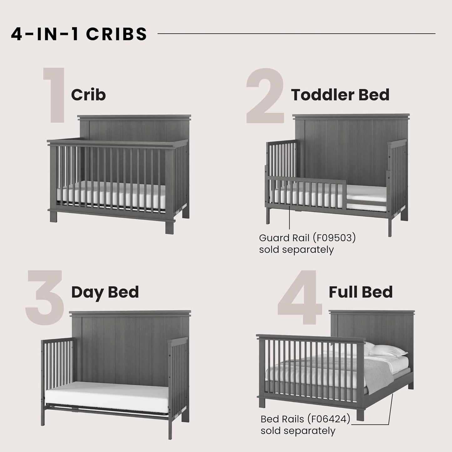 Child Craft Denman 4-in-1 Convertible Crib, Baby Crib Converts to Day Bed, Toddler Bed and Full Size Bed, 3 Adjustable Mattress Positions, Non-Toxic, Baby Safe Finish (Midnight Gray)