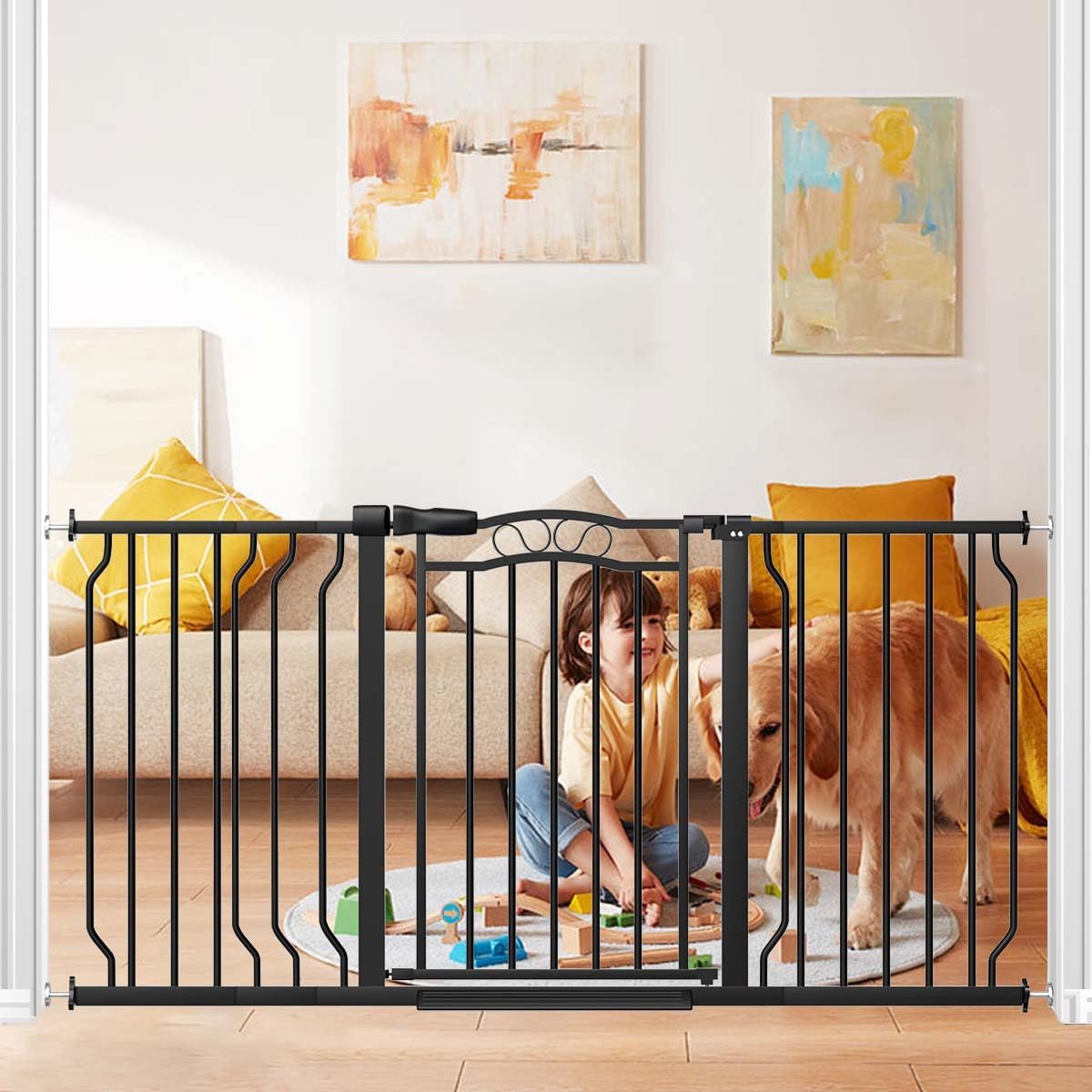 Fairy Baby 53.1"-62.5" Extra Wide Baby Gates for Stairs & Doorways, Long Baby Safety Child Toddler Gate Pressure Mounted No Drill, Metal Auto Close Large Pet Dog Gate Walk Thru Indoor Outdoor, Black