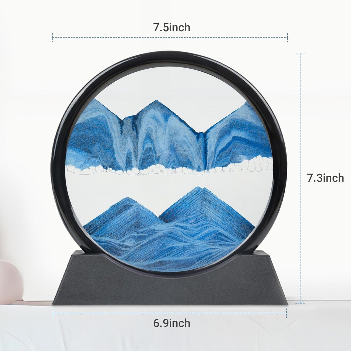Drakswet Moving Sand Art Liquid Motion，Moving Sand Art Picture-3D Deep Sea Sandscape，Round Glass Frame Display Flowing Sand Relaxing Desktop Home Office Work Decor (Blue)