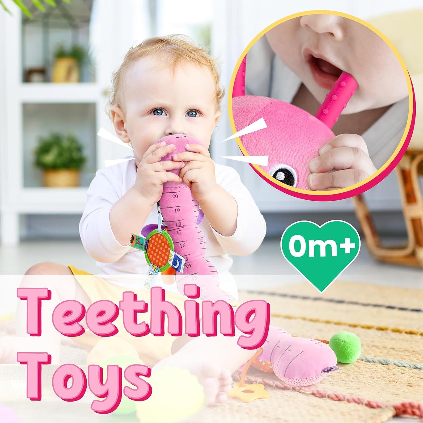 LIGHTDESIRE Baby Toys Musical Caterpillar,Infant Toys Stuffed Animals with Ruler Design,Mirror,Pull String&Ring Bell,Baby Teething Toys for Tummy Time Toys Newborn Gifts 3 6 12 Months(Pink,Leafy Limb)