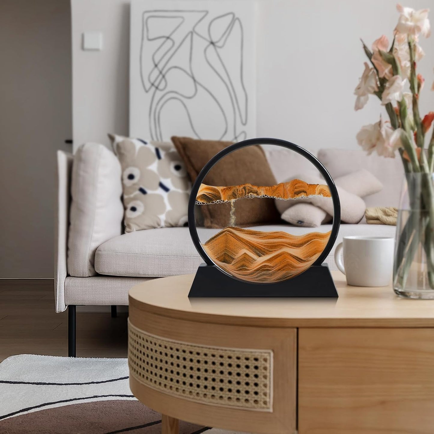 KPNUWN Moving Sand Art Liquid Motion, 3D Deep Sea Sandscape Color Quicksand Decor, Round Glass Moving Sand Art Picture Relaxing Desktop Home Office Work Decor (12 inch-Orange)