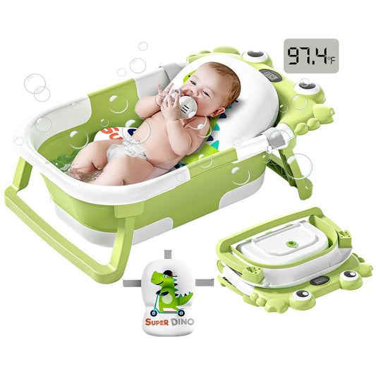 Collapsible Baby Bathtub for Newborns to Toddler with Real-time Temp Monitor & Floating Cushion,Portable Travel Tub for 0-36 Month, Foldable Baby Bath Tub for Infants(Green)