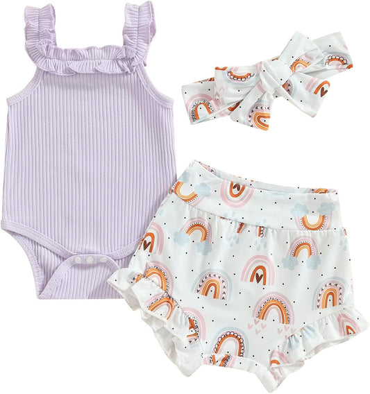 fhutpw Baby Girl Clothes Summer Cute Outfits 3 6 12 18 Months Spaghetti Strap Romper & Floarl Shorts Sets