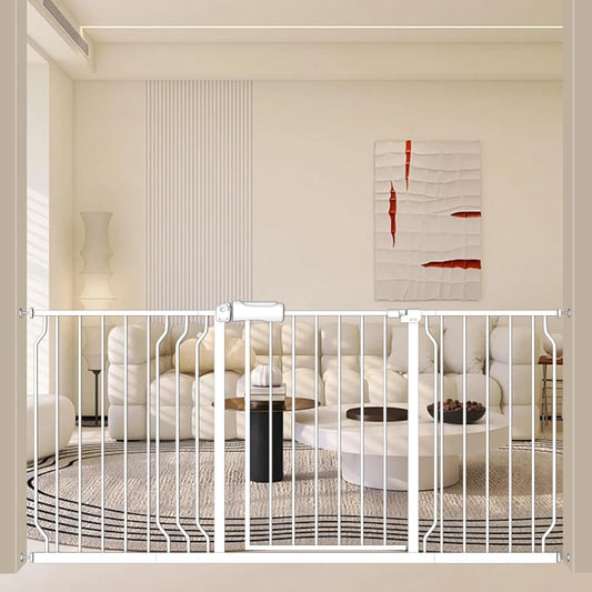 ALLAIBB Extra Wide Baby Gate Pressure Mount with Auto-Close, White Metal Safety Gate for Stairs & Doorways - Child Proof, Pet Barrier for Hallways, Kitchen, Living Room for 62.02-66.93 inch
