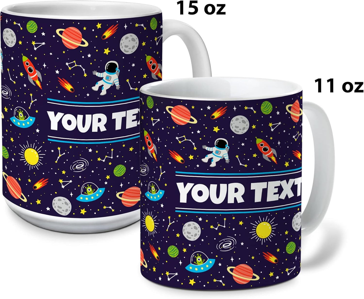 Personalized Mug for Kids - Outer Space - Custom Name/Text, Ceramic Hot Chocolate/Cocoa/Coffee Cup for Boys/Girls, Birthday/Christmas/Holiday Gift - 11 oz, White Handle
