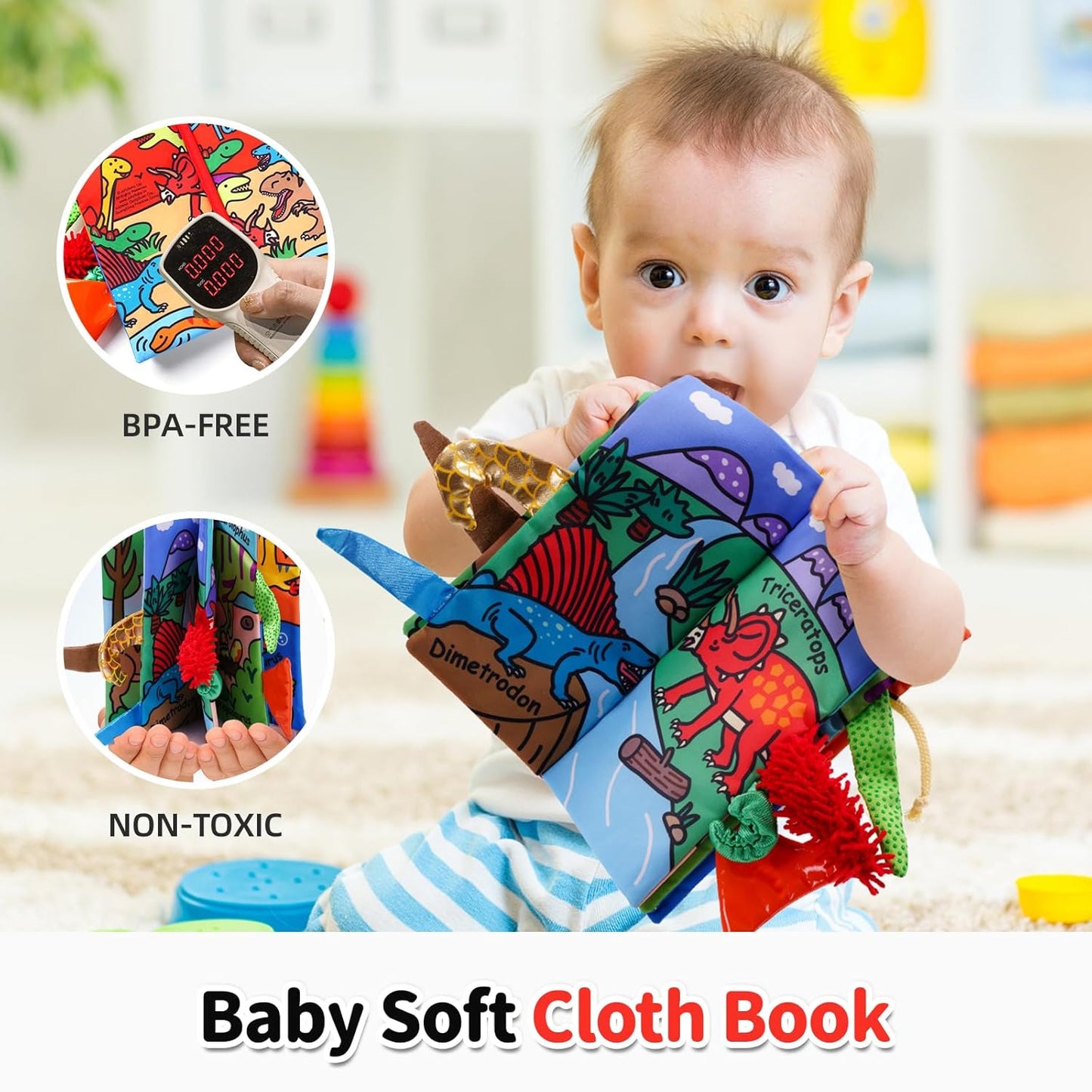 Jollybaby Baby Books 0-6 Months, Touch and Feel Crinkle Soft Cloth Books for Infants Babies, Toddler Early Educational Interactive Stroller Sensory Toys, Baby Girl & Boy Gift(Dinosaur Tails)