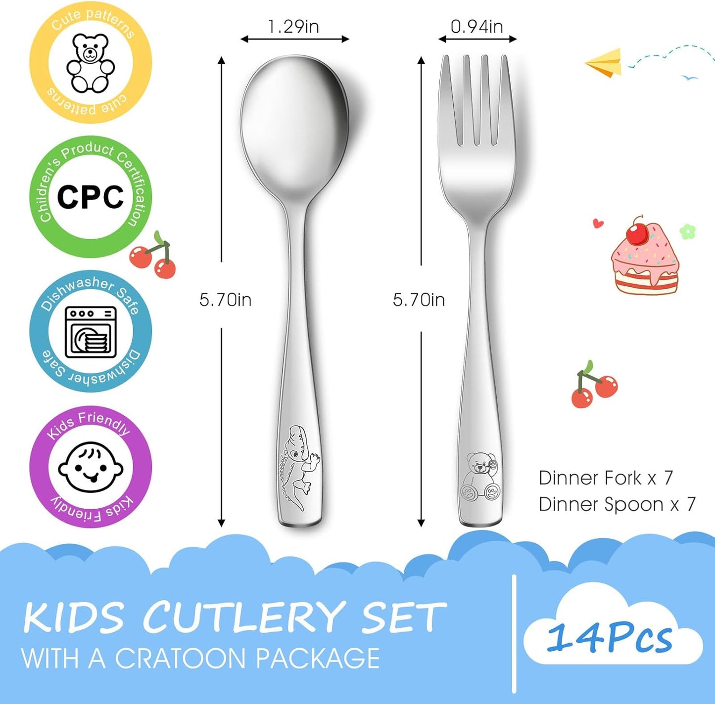 14-Piece Toddler Flatware, Kids Utensils Stainless Steel Cutlery Set, Children Safe Spoons and Forks with Ergonomic Handle, Easy to use and Dishwasher Safe (Crocodile and Bear)