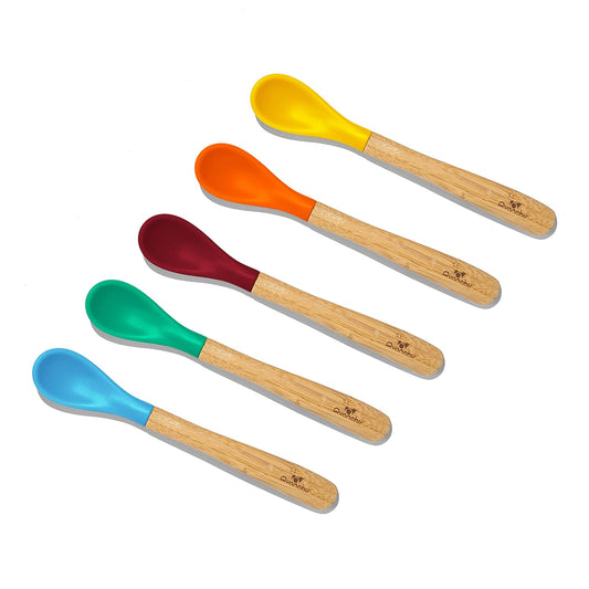 Avanchy Bamboo & Silicone Infant Training Spoons, BPA Free - Soft Tip, Easy on Gums, First Stage Feeding Utensils for Baby-Led Weaning, Self-Feeding, Assorted w/Blue
