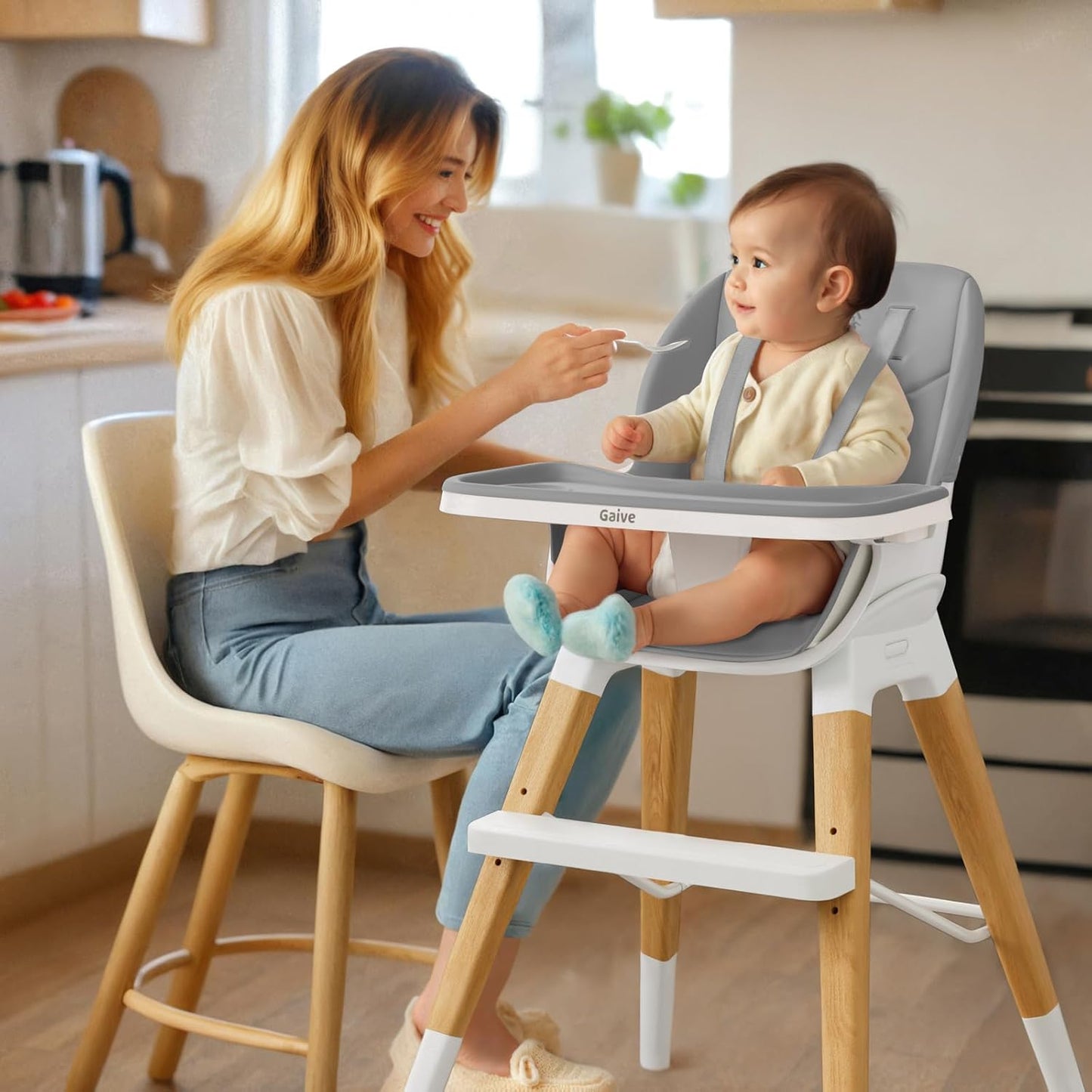 8 in 1 Highchair, Convertible Wooden Baby High Chair with Tray, Adjustable High Chair for Babies and Toddlers, Easy to Clean, Grow with Family|Booster|Learning Table|High Stool