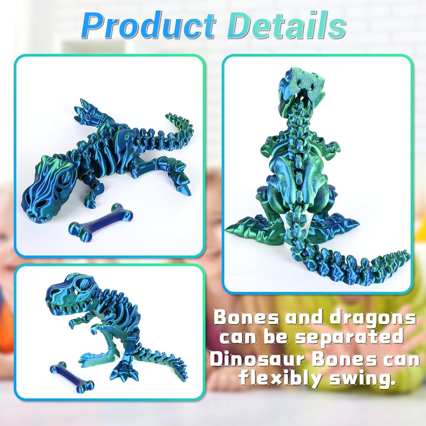 3D Printed Dinosaur Bones Tyrannosaurus Rex Skeleton with Movable Joints, 3D Model Skull T-Rex, Flexible Articulated Dinosaur Fidget Toys Adults for Autism/ADHD