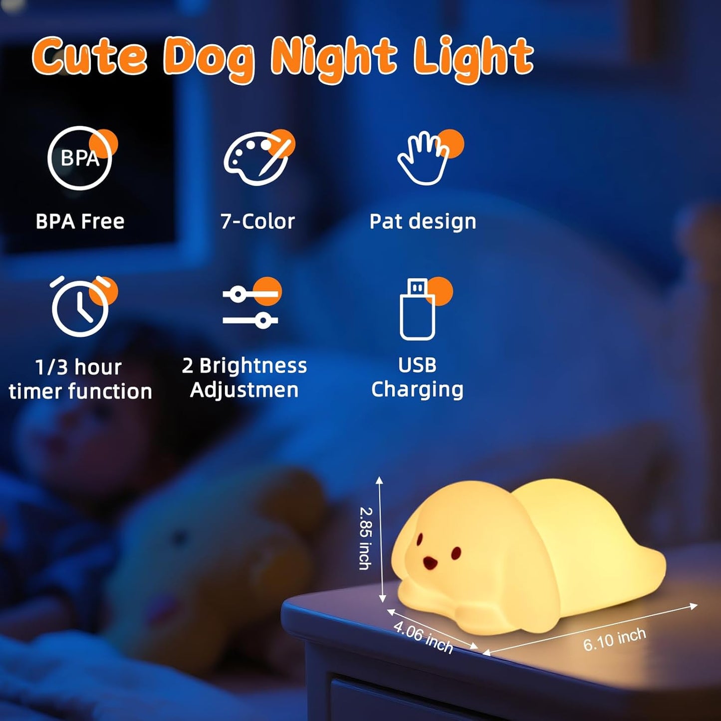 Tremdwoto Dog Night Light for Kids,Cute Colorful Night Light Baby Girl Squishy Night Light Lamp 1/3 Hour Timer Puppy Light Dimmable Nursery Lamp Nightlight Gift for Boys and Girls Kawaii Bedroom Decor
