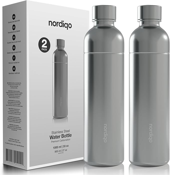 Premium 33 oz Stainless Steel Bottle | Compatible with Aarke Carbonator 3, Sodastream (excl. Aqua Fizz + Jet) and many others | Dishwasher Safe, No Expiration Date | 2-Pack