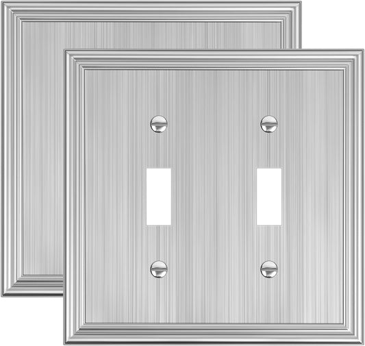 2-Pack Double Toggle Light Switch Cover Plate, Durable Solid Zinc Alloy Decorative Dual Switch Plate Covers, Brushed Nickel 2 Gang Wall Plate, Corrosion Resistant