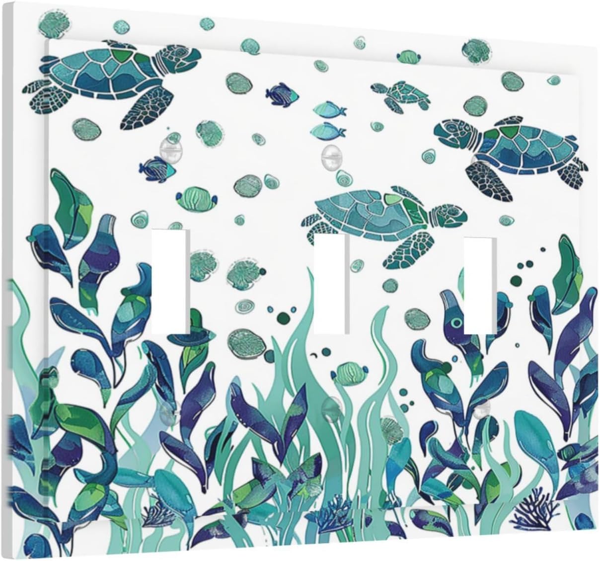 Decorative Switch Plates Vibrant Turtle Seagrass Watercolor Painting 3 Gang Wall Plate Triple Toggle Light Switch Cover Faceplate Electrical Wall Panels for Bathroom living Room Decor