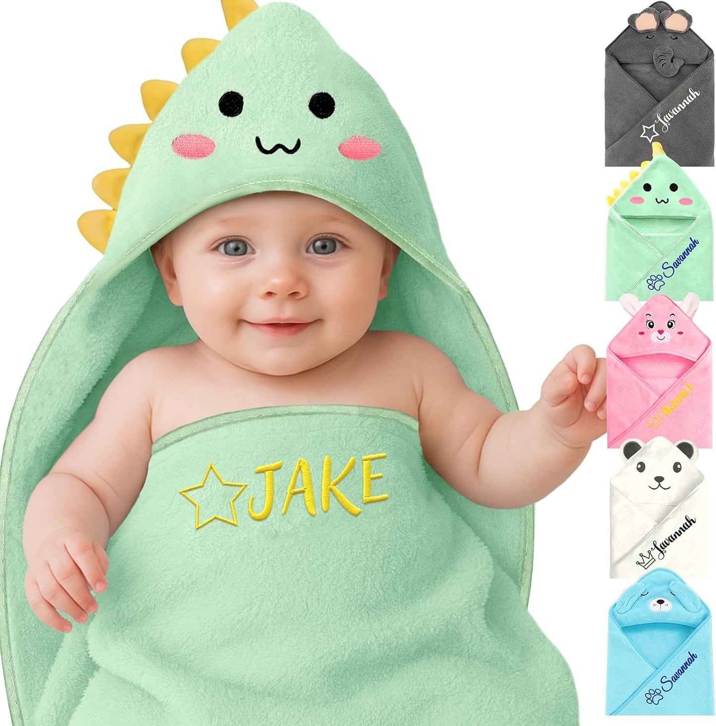 Personalized Baby Towels Hooded with Name, Custom Toddler Bath Towel with Hood for Girl Boy, Warm Swaddle Blanket, Customized Newborn Gifts - Embroidered (Green Dinosaur)