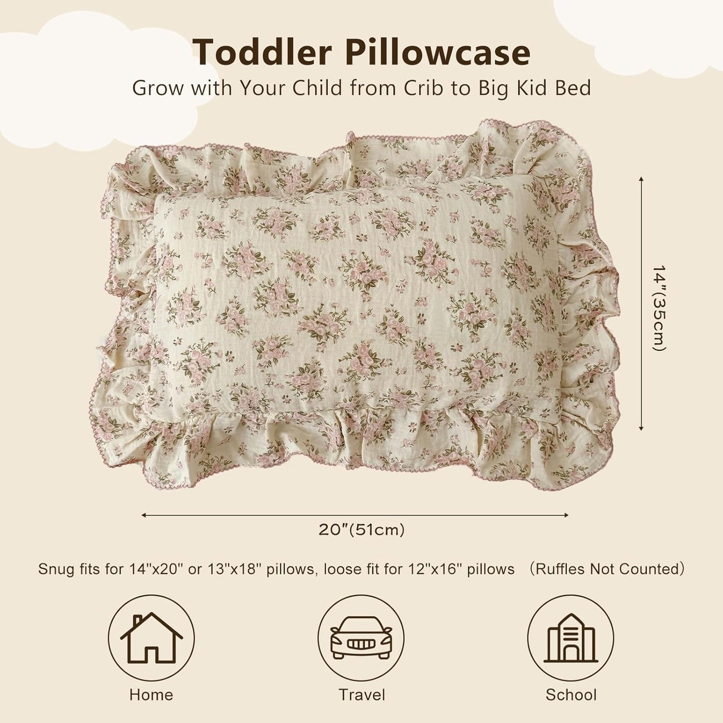 BuLuTu Muslin Cotton Toddler Pillowcases 14"x20", Shabby Chic Pink Floral Kids Pillow Cases Fit Toddler Pillow Sized 13"x18" Soft Children Pillow Covers for Girls Boys, Envelope Closure