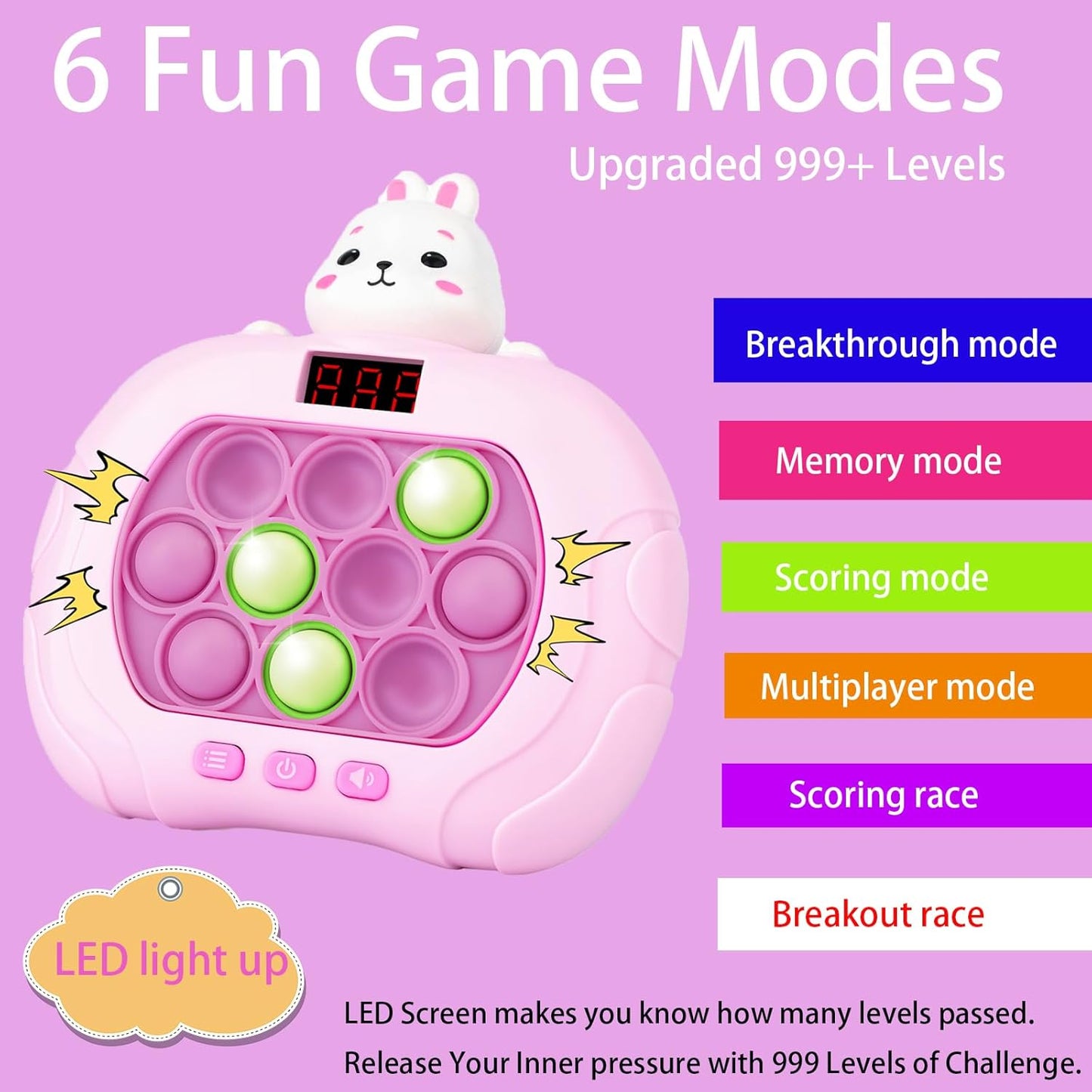 Fast Push Game Pop Fidget Toy for Kids, Quick Push Bubble Game 6 Modes Handheld Puzzle Game Sensory Toy with LED Screen Pop It Game Light Up Fidget Toy Gift for 3 to 12 Year Old Girls Boys