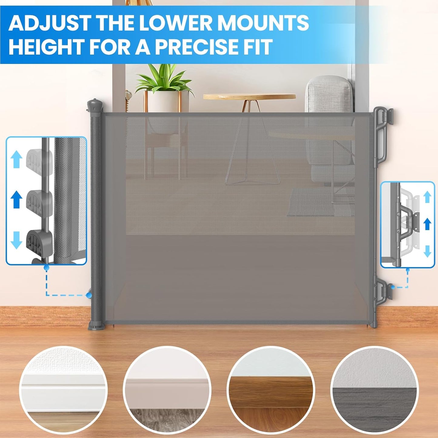 Retractable Safety Baby Gate or Mesh Dog Gate,Durable Portable Mesh Retractable Gate,Easy to Use for Stairs, Doorways,Hallways, Indoor, Outdoor, 33.5" Tall, Extends to 65" Wide, Gray