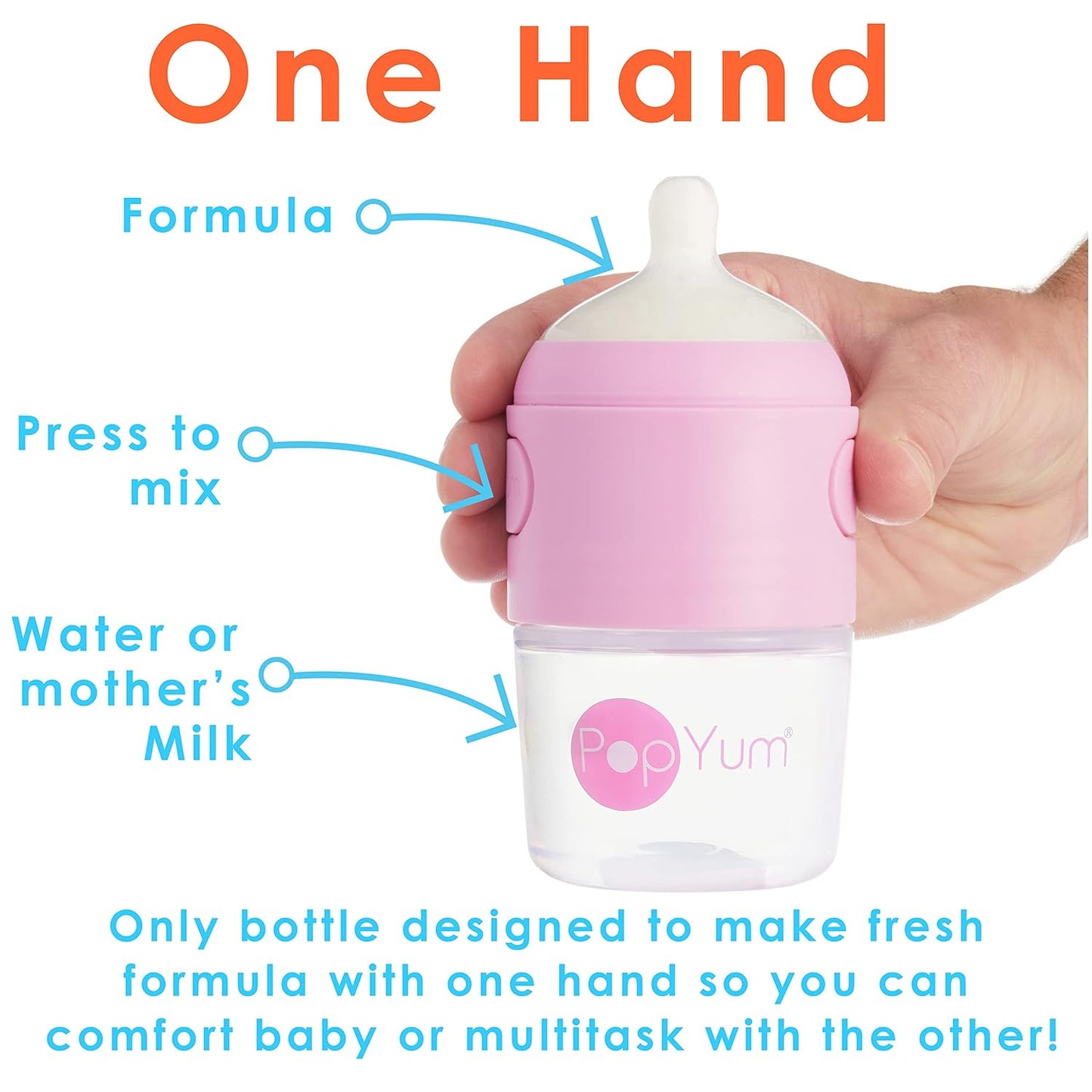 PopYum 5 oz Pink Anti-Colic Formula Making/Mixing/Dispenser Baby Bottles, 2-Pack with #1 Slow Flow Nipples, 150 ml, BPA-Free, Natural Latch