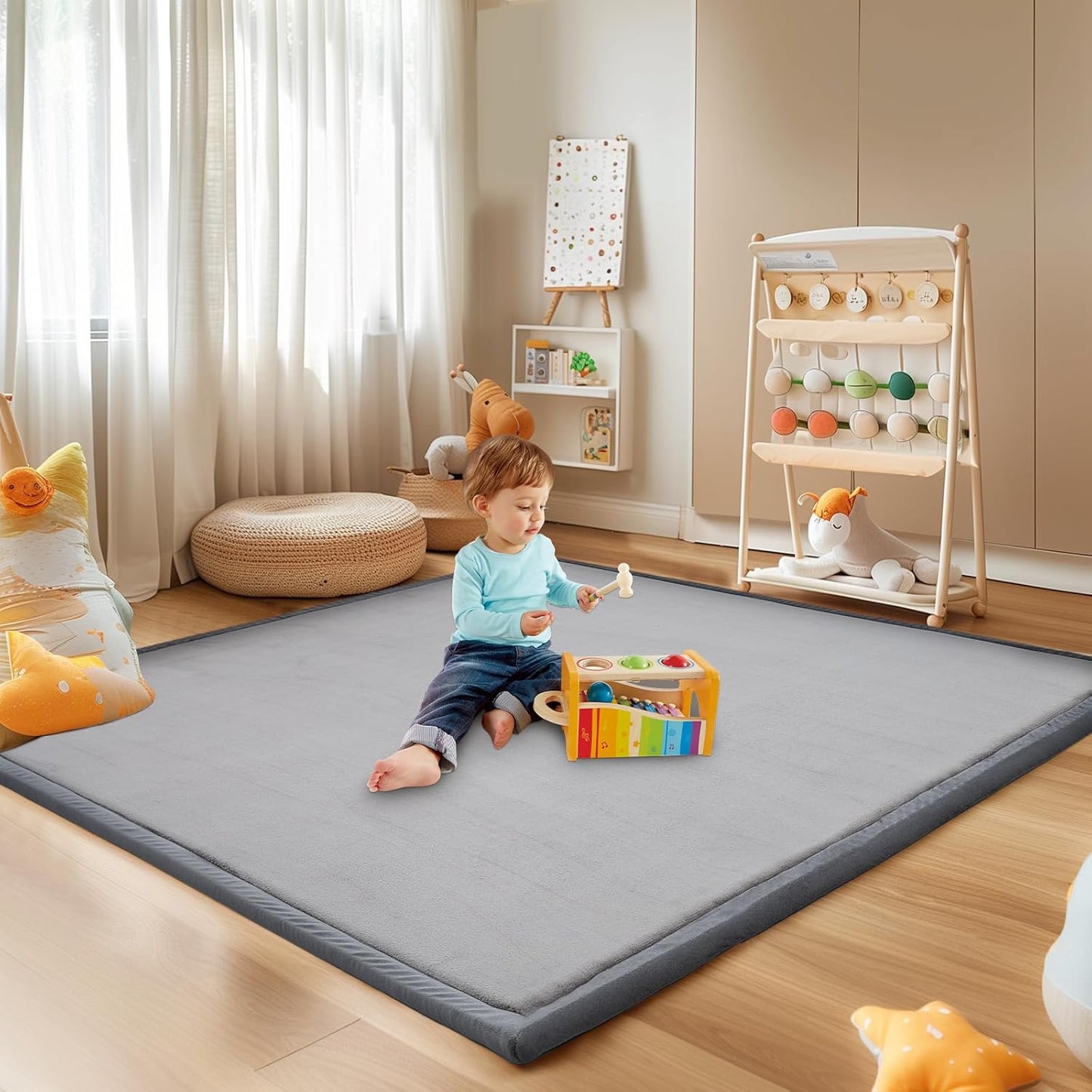 SUNYRISY Baby Play Mat for Floor, 1.4in Thick Memory Foam Padded Play Mats for Baby, Soft Velvet Infants Toddler Kids Play Mat Non-Slip Bottom, Crawling Baby Rugs for Nursery 60x70in