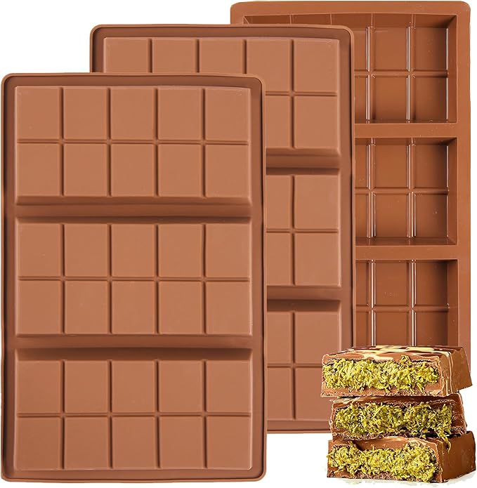 1 Inch Deep Chocolate Bar Mold, 3 Cavity Large Dubai Chocolate Molds, Thick Candy Bar Mould for Filling（3 Packs）