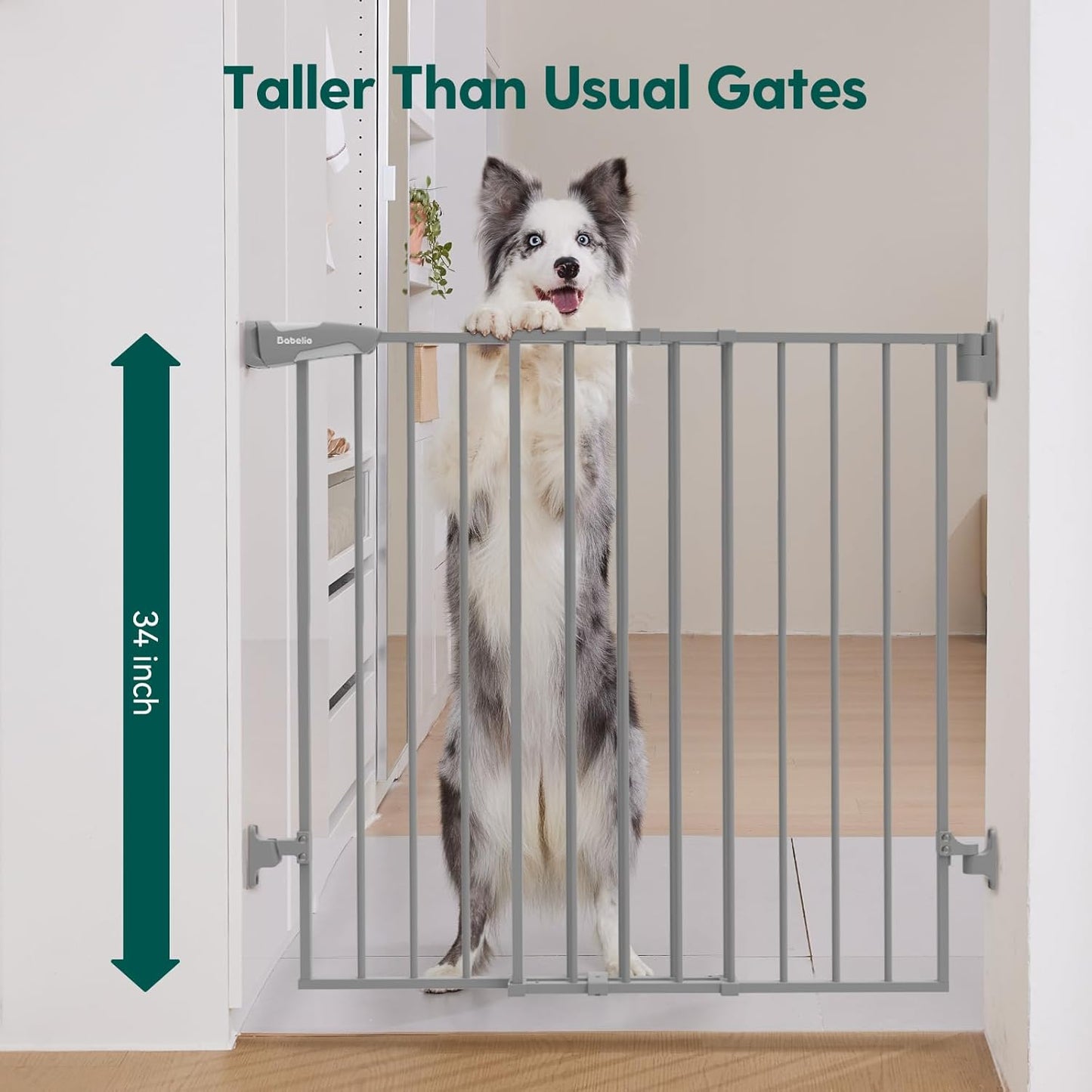 Babelio 34" Extra Tall Baby/Dog Gate with No Threshold Design Walk Thru Door, 26-43" Auto Close Safety Gate for Babies, Elders and Pets, Fits Doorways, Stairs, and Entryways, Grey