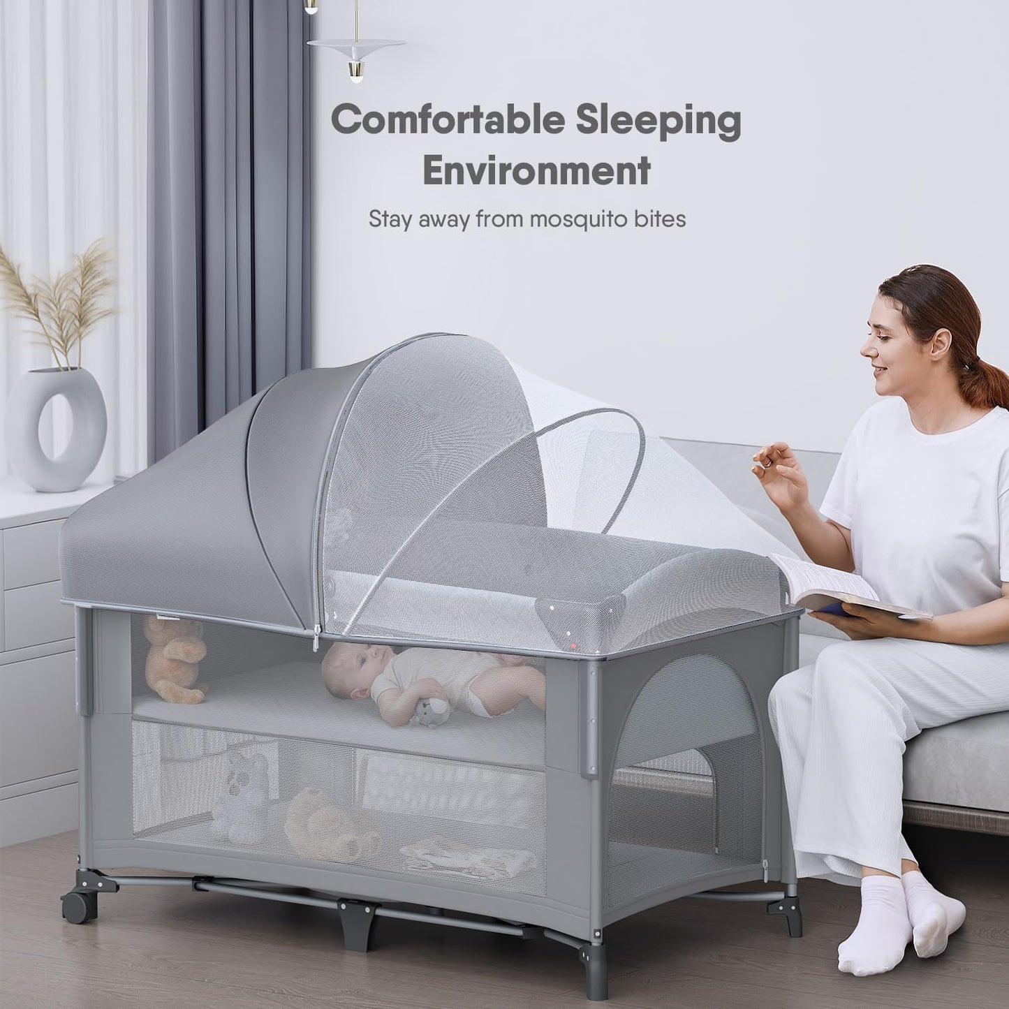 4 in 1 Baby Bassinet, Pack and Play, Bedside Crib Sleeper, Diaper Changer - Comes with Mattress, Mosquito Net，Bottom Storage and Toy Bar for Newborn to Toddles