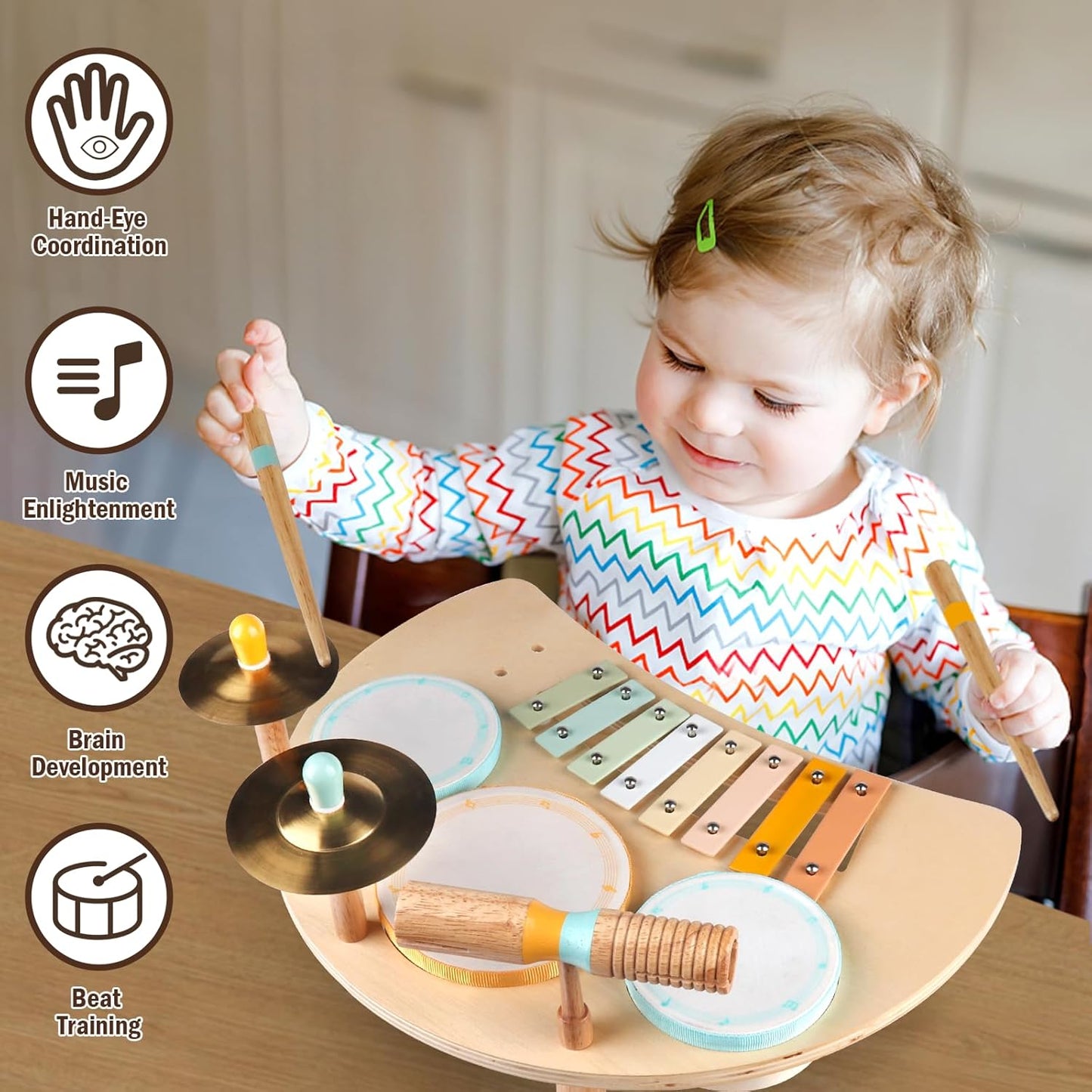 Toddlers Drum Set Toys for 1 Year Old Boy Girls,Baby Drum with Xylophone for Toddlers 1-3,Musical Instruments, Kids Wooden Montessori Toys (Wood)