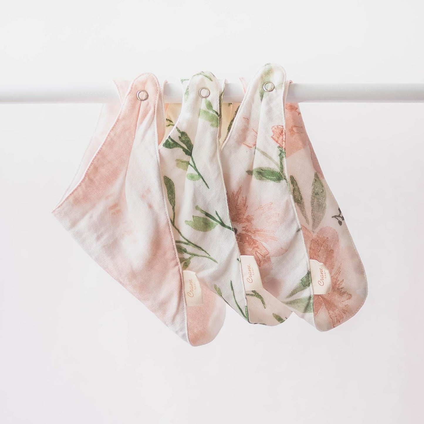 Crane Baby Soft Muslin Baby Bib Set, Adjustable and Absorbent Bandana Style Bibs for Boys and Girls, Floral, 3 Piece, 18.5” x 9”