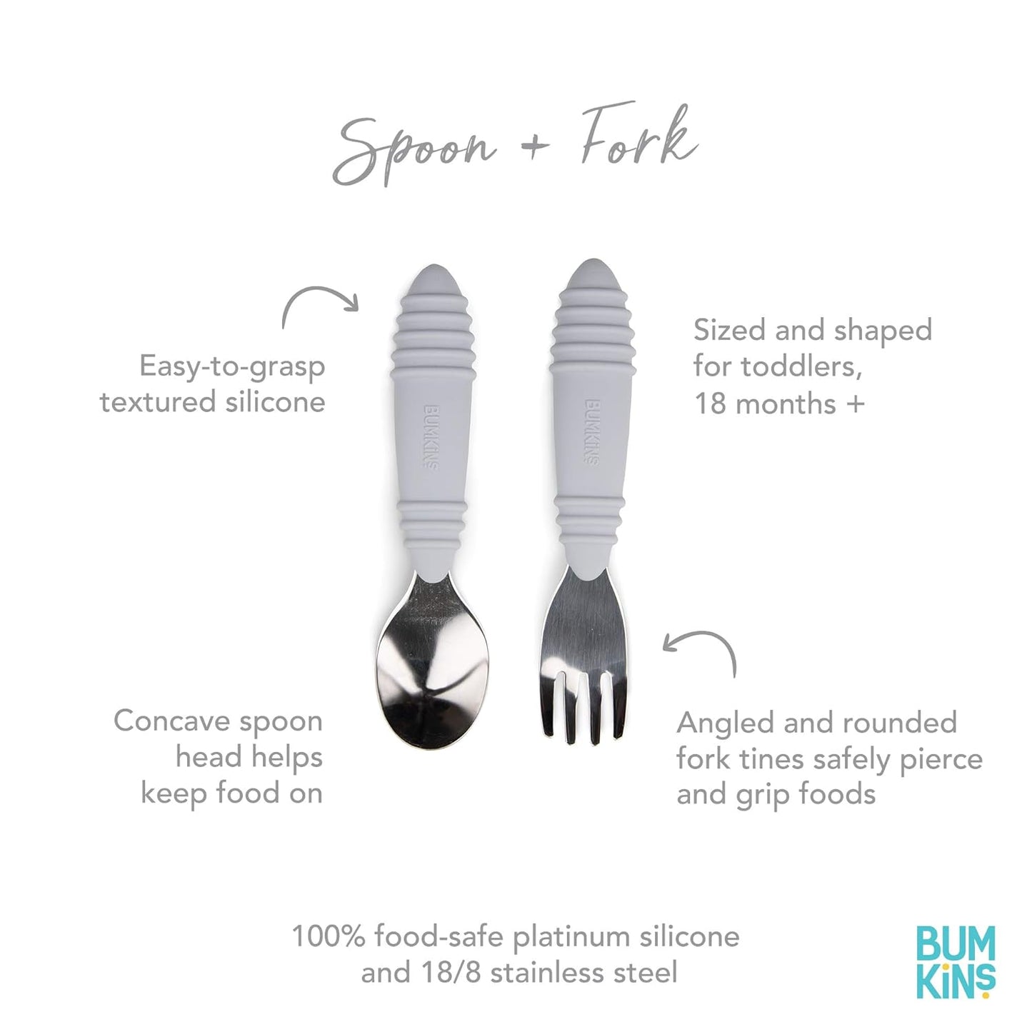 Bumkins Toddler Utensils, Kids Size Fork and Spoon Set, Silicone and Stainless-Steel Training Silverware, Angled Forks / Sporks for Self-Feeding, Children Hold Learning to Eat, 18 Months Up, Gray