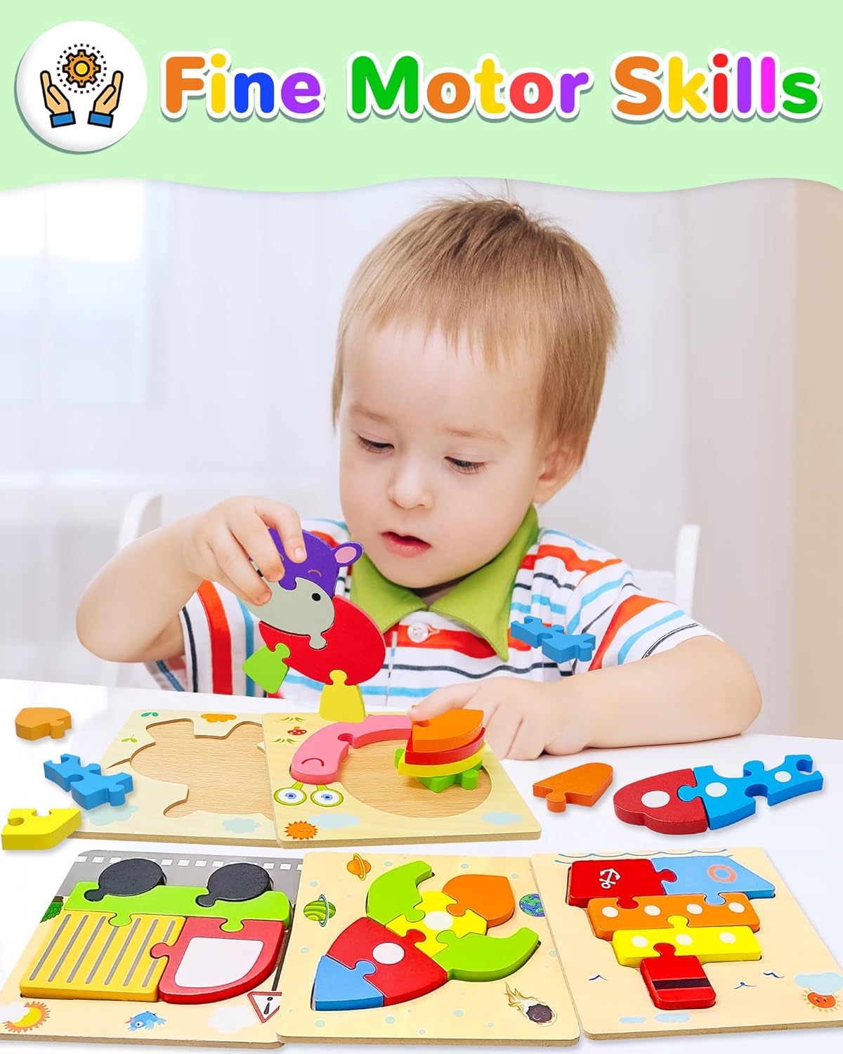 Yetonamr Wooden Toddler Puzzles Gifts Toys for 1 2 3 Years Old Boys Girls, 8 Vehicle Shape Montessori Toy Educational Blocks Kids Toys Gift Baby Learning Toy Age 1-3, 2-4