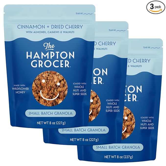 The Hampton Grocer Dried Cherry & Cinnamon Granola, 3 pack - Gluten-Free, No Added Oil, Sweetened with Wildflower Honey - Nut-Packed, Crunchy, Small-Batch, 8oz
