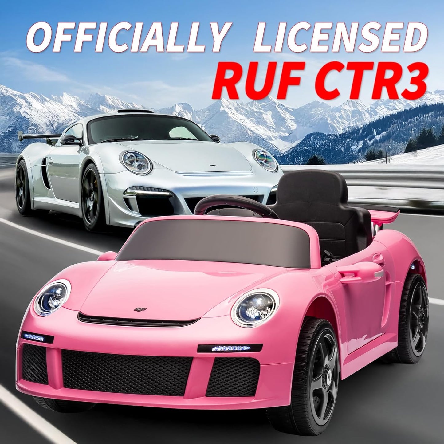 Licensed RUF CTR3 12V Kids Ride On Car with Parent Remote Control, MP3 Player, Battery Powered Electric Toy with 2 Motors, 3 Speeds, LED Lights - Pink
