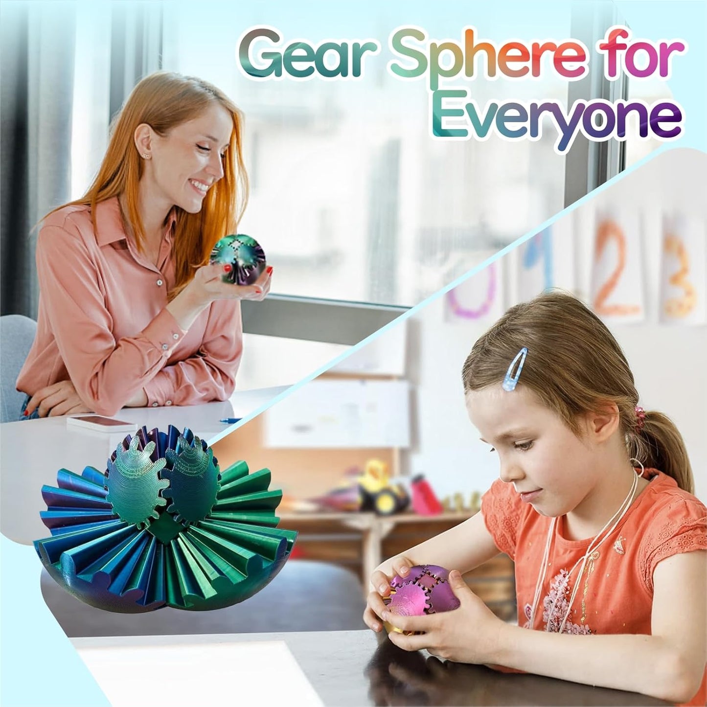 3D Printed Gear Ball Spin Ball Cube Fidget Toy, 2024 3D Printed Gear Sphere Cube Puzzle Birthday Gift, Stress and Anxiety Relaxing Fidget Toy, GearSphere Desk Toy (Red-Green-Blue)