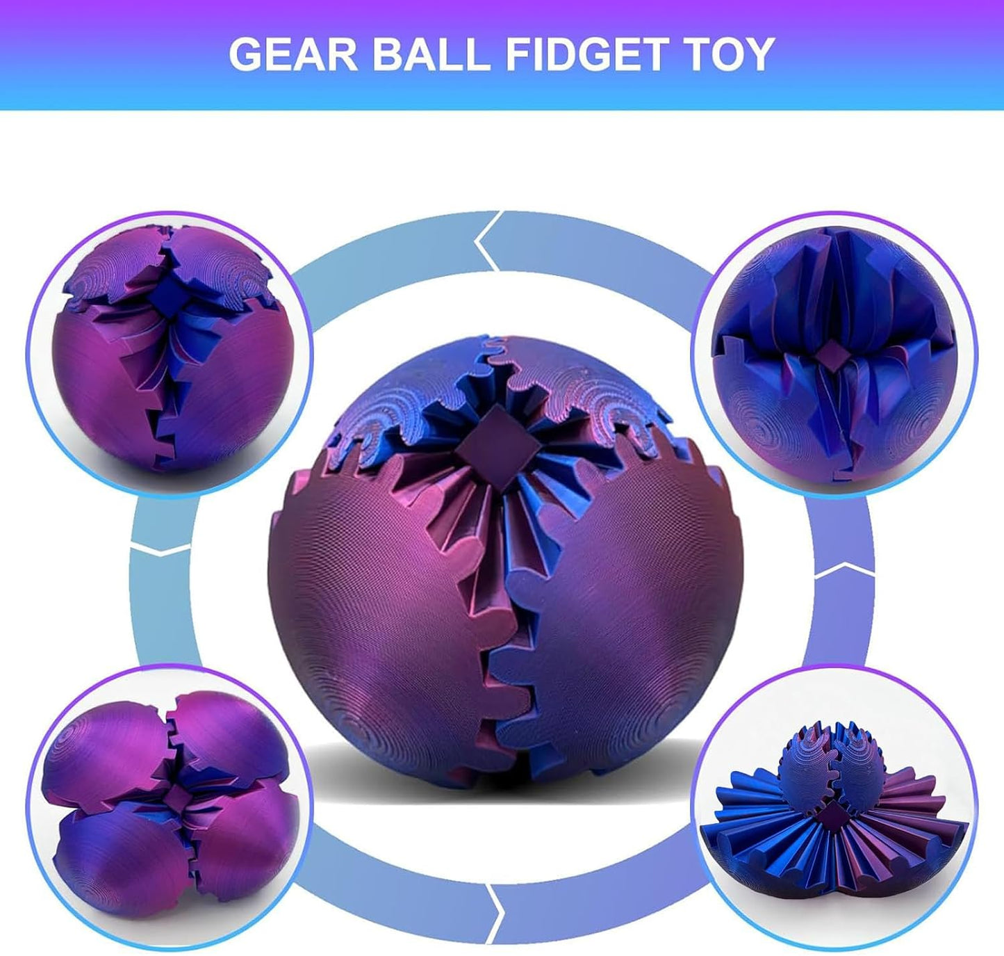 3D Printed Gear Ball, Gear Sphere Fidget Toy, Gear Ball Spin Ball or Cube Fidget Toy, Stress Ball, GearSphere Desk Toy for Stress and Anxiety Relaxin Kids Adult Birthday (Laser Violet)