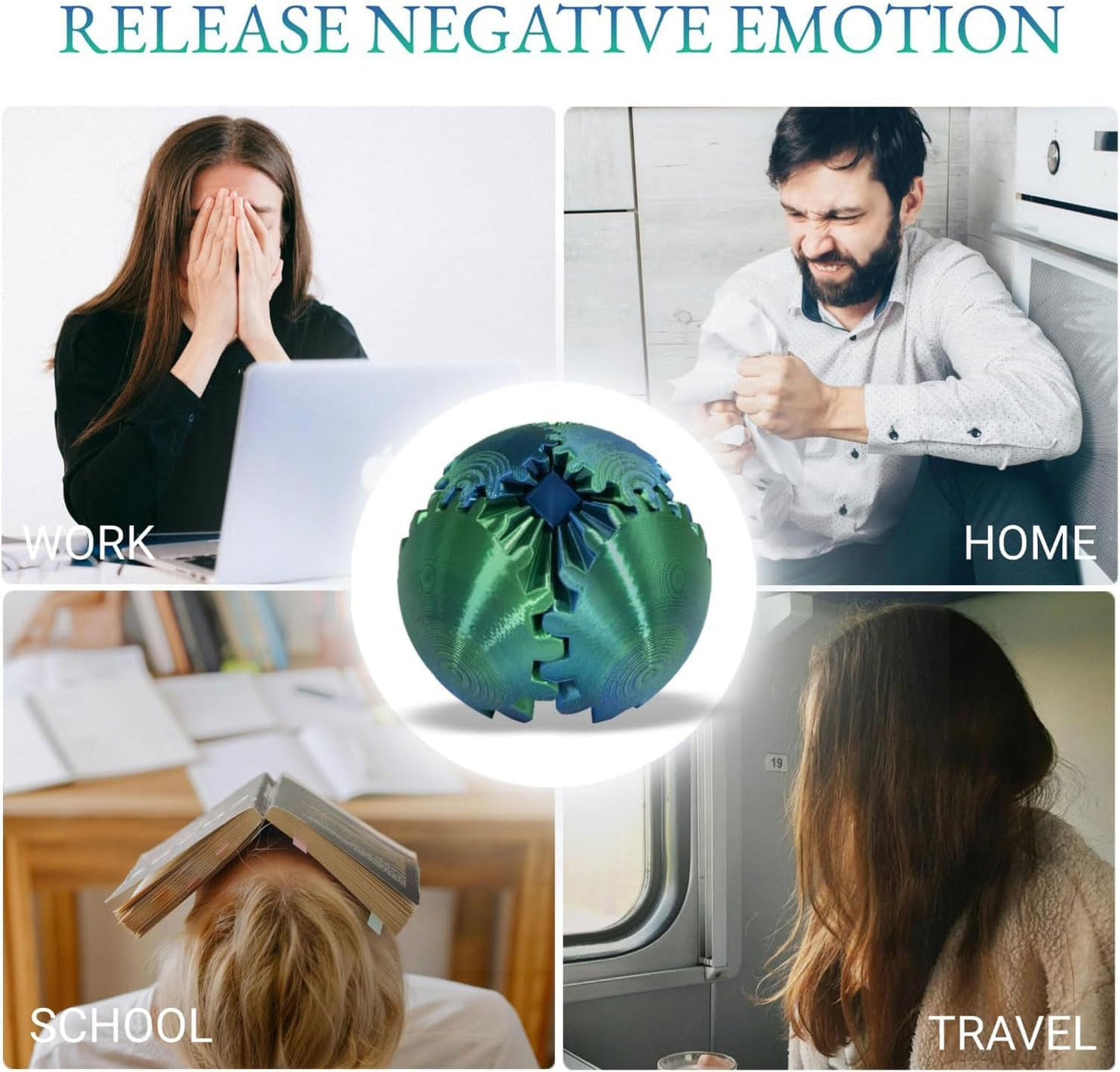 Gear Ball, Gear Sphere 3D Printed Gear Ball Fidget Toy Spin Ball, GearSphere Desk Toy, Stress Ball, Fidget Ball, Gear Toy for Stress and Anxiety Relaxing (Laser Blue Green)